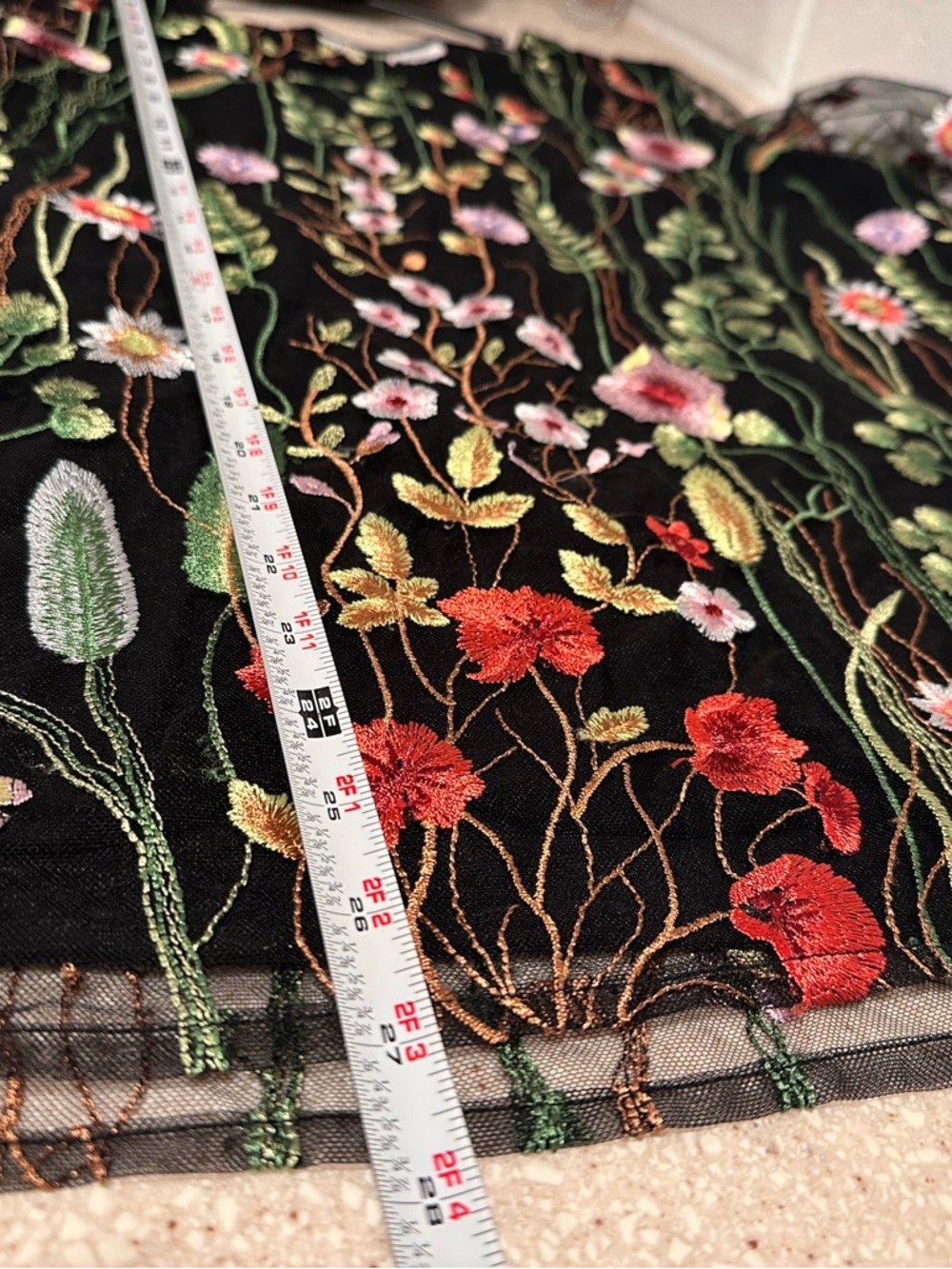 Caroline Rose Garden Walk Embroidered Tunic, sheer 3/4 sleeves black multi-color - Picture 15 of 16